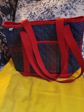 Lands' End Tote- Red/blue/green Plaid W Red Interior, 16" Wide